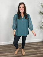 Load image into Gallery viewer, Addison Three Quarter Sheer Sleeve Top styled with charcoal skinny jeans and camel flats.
