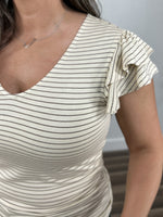 Load image into Gallery viewer, Detailed view of the banks striped butterfly cap sleeve top in ivory and brown stripes.
