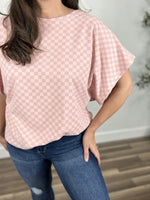 Load image into Gallery viewer, Claire checker dolman sleeve top upclose view of two tone pink pattern.
