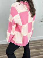 Load image into Gallery viewer, Checkered women&#39;s cozy cardigan back view of pink and ivory checkered pattern.
