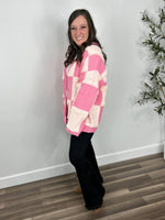 Load image into Gallery viewer, Collins checkered button up long sleeve cardigan side view.
