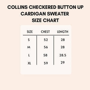 size chart for the collins checkered cardigan