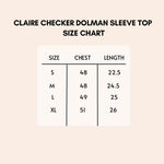 Load image into Gallery viewer, Claire checker dolman sleeve top size chart.

