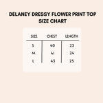 Load image into Gallery viewer, Delaney dressy flower print top size chart.
