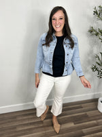Load image into Gallery viewer, Outfit styled with the Emma Peplum Lightwash Denim jacket. Layered with a black tee shirt and paired with white crop flare pants.
