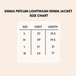 Load image into Gallery viewer, Emma Peplum Lightwash Denim Jacket Size Chart
