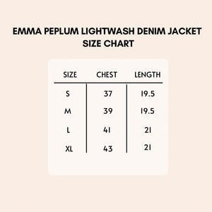 Emma Peplum Lightwash Denim Jacket Size Chart