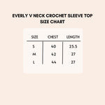 Load image into Gallery viewer, Everly v neck crochet sleeve top size chart.
