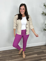 Load image into Gallery viewer, Women&#39;s Fletcher Stretch Skinny Pants in Berry paired with a white tank top and taupe cardigan.

