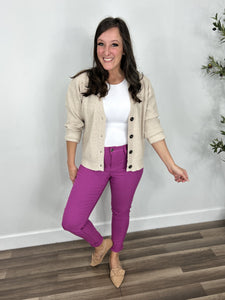 Women's Fletcher Stretch Skinny Pants in Berry paired with a white tank top and taupe cardigan.