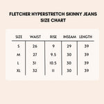 Load image into Gallery viewer, Fletcher stretchy skinny jeans in blue size chart
