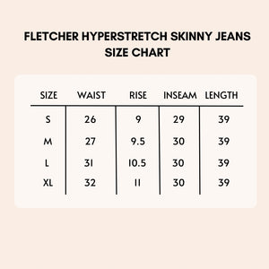 Fletcher stretchy skinny jeans in blue size chart