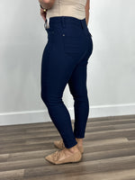 Load image into Gallery viewer, Women&#39;s Fletcher stretchy skinny jeans in navy blue side and back view showing back functional pockets.
