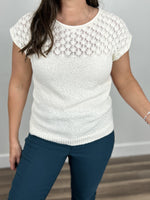 Load image into Gallery viewer, Upclose view of the off white knit sweater with a round neckline and cap sleeves.
