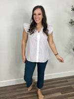 Load image into Gallery viewer, Grayden flutter sleeve button up top in grey and white paired with teal crop flare pants and flat camel color shoes.
