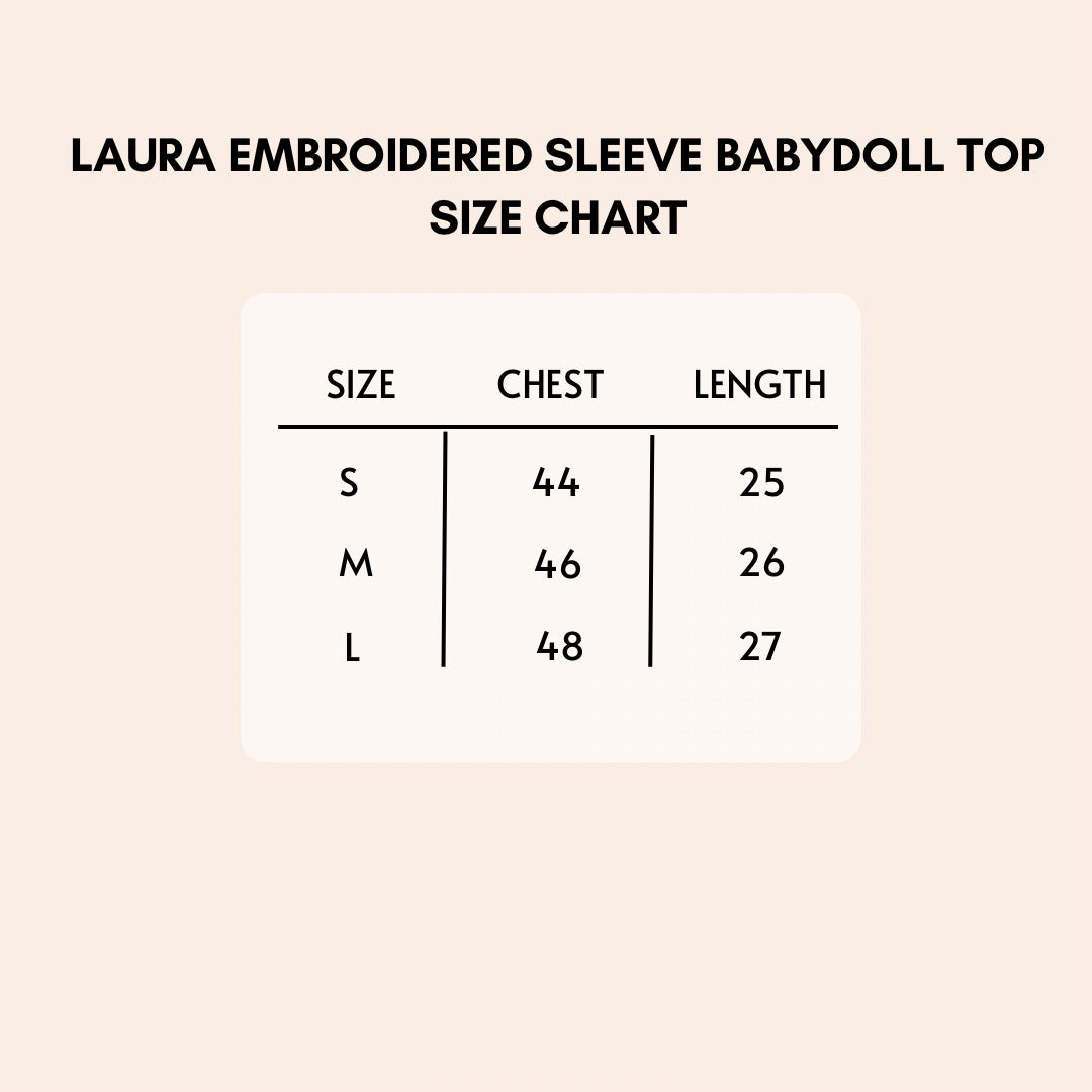 Laura embroidered sleeve babydoll top size chart.