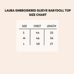 Load image into Gallery viewer, Laura embroidered sleeve babydoll top size chart.
