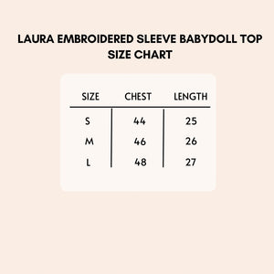 Laura embroidered sleeve babydoll top size chart.