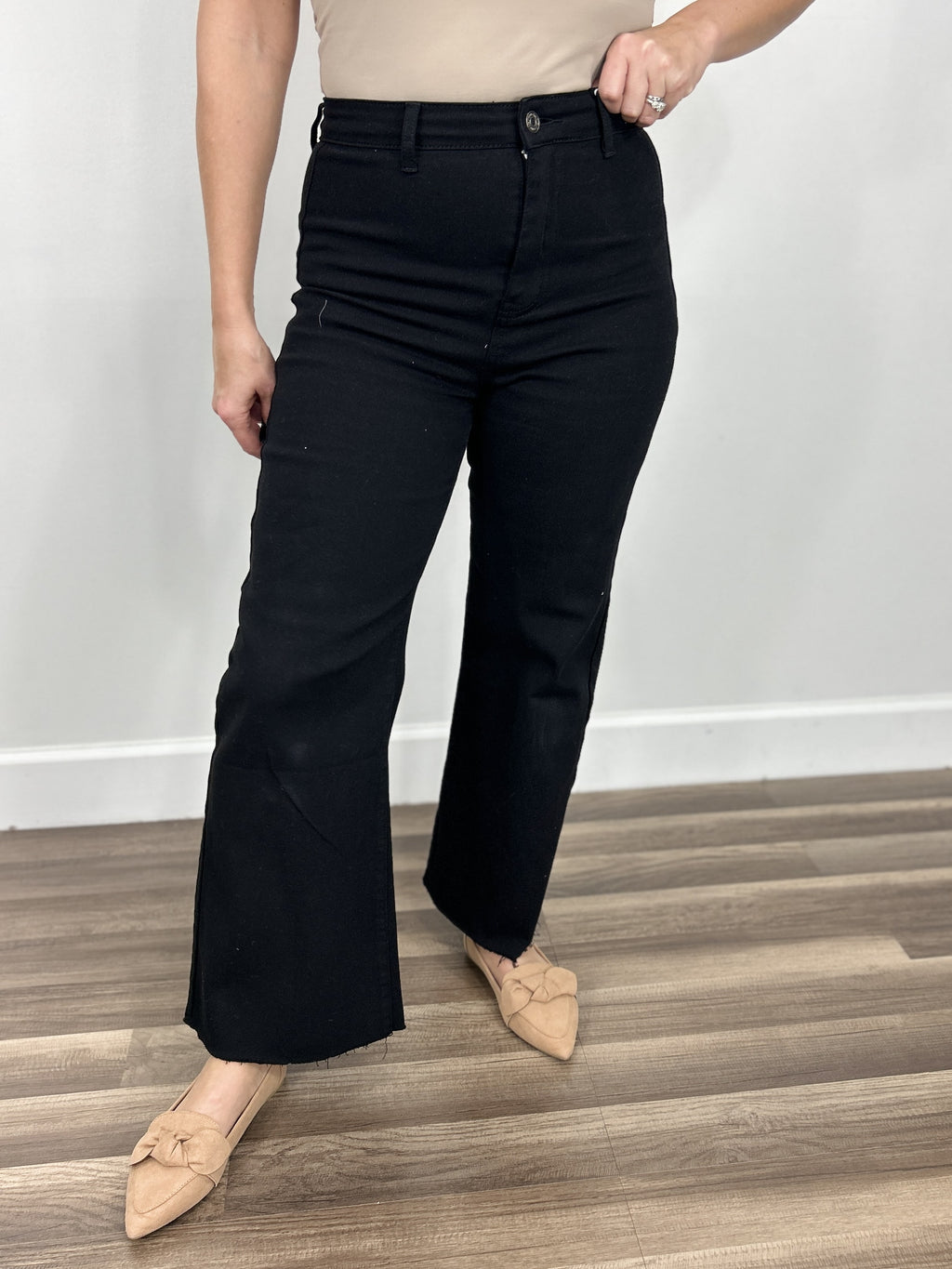 Murphy stretch wide leg pant in black front view.