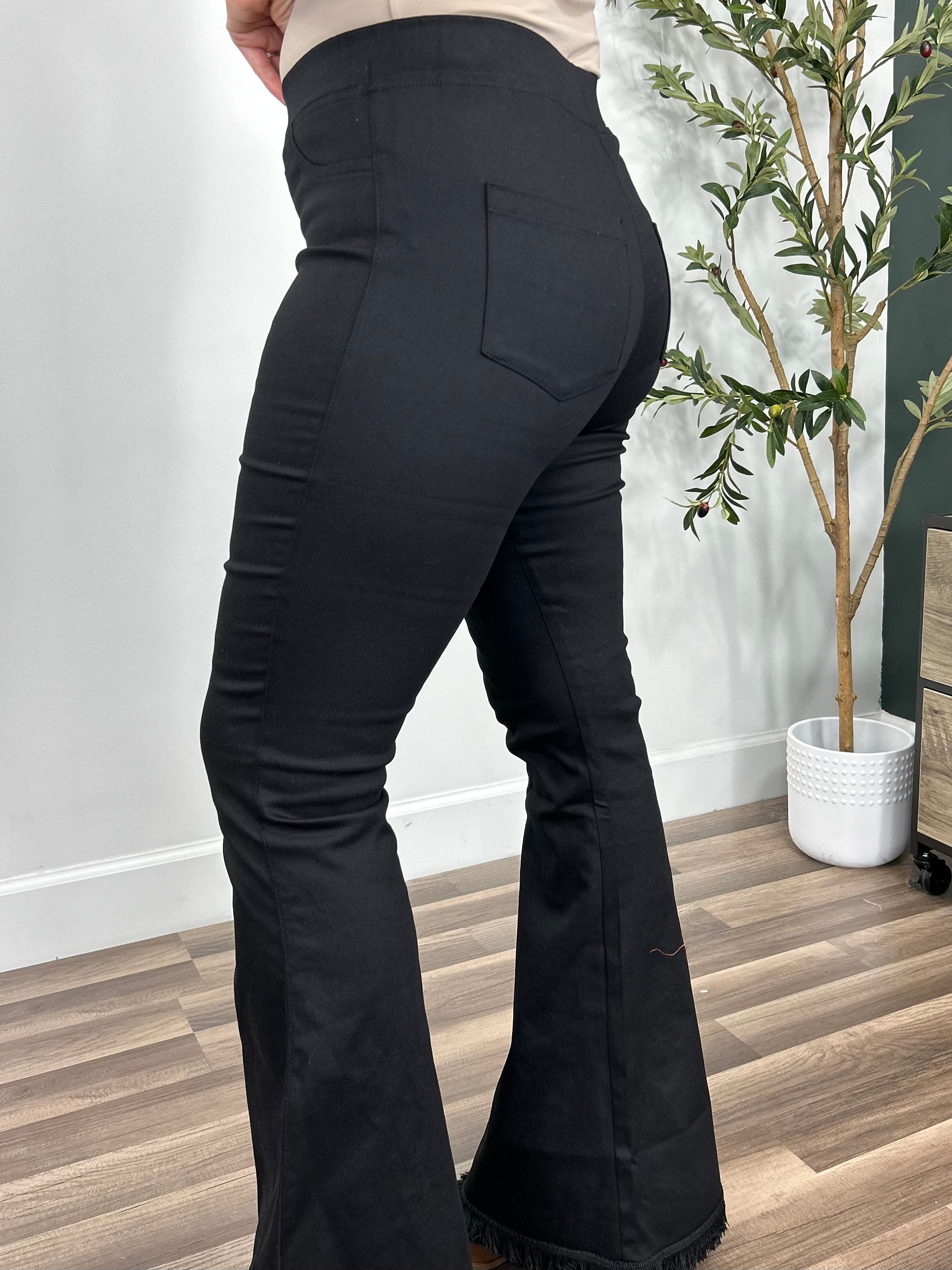 Olivia Flare Leg Jegging in black side and back view.
