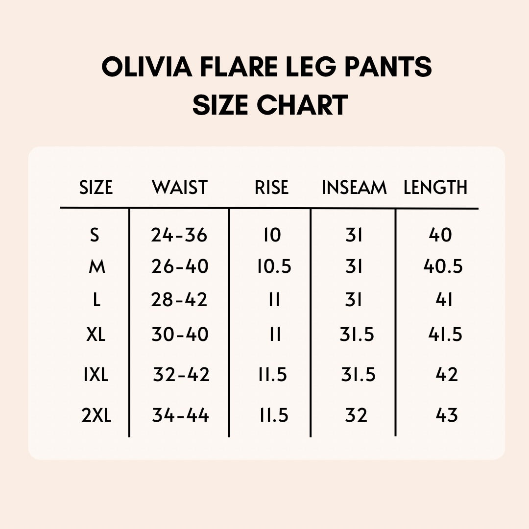Olivia Flare Leg Jeggings Size Chart