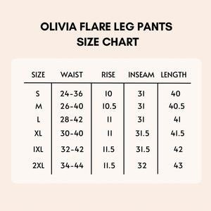 Olivia Flare Leg Jeggings Size Chart
