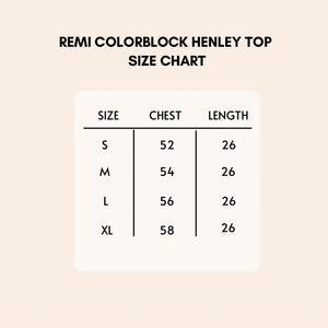 Size chart for the Remi women's henley top