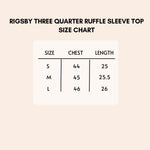 Load image into Gallery viewer, Size chart for the Rigsby three quarter ruffle sleeve top.
