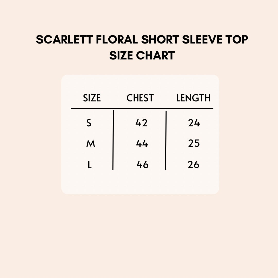 Scarlett floral short sleeve top size chart.