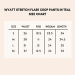 Load image into Gallery viewer, Wyatt stretch flare crop pants in teal size chart.
