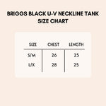Load image into Gallery viewer, briggs black u v neckline tank top size chart
