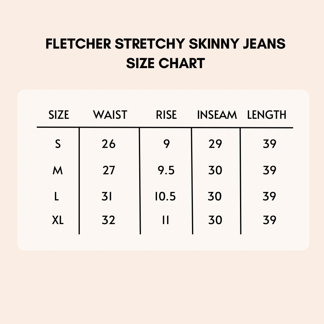 fletcher stretchy skinny jeans in navy size chart.