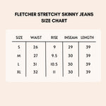 Load image into Gallery viewer, fletcher stretchy skinny jeans in navy size chart.
