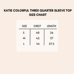Load image into Gallery viewer, Katie colorful three quarter sleeve top size chart.
